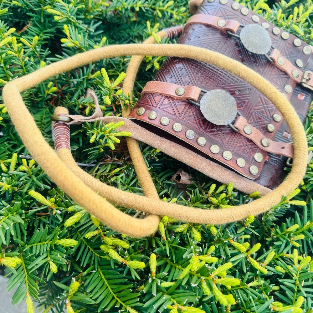 Brown Embossed Leather Crossbody Bag with Brass Accents - Picture 6 of 12